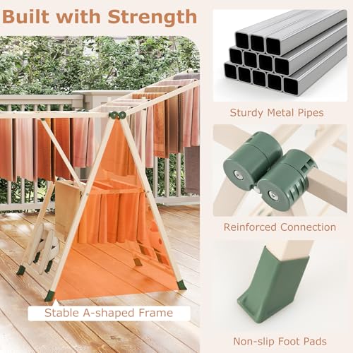 GIANTEX Foldable Metal Clothes Drying Rack, 64" Height Adjustable Wings - color: Beige, size: 64"L x 39"-62"H