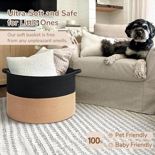 INDRESSME XXXLarge Woven Rope Blanket Basket Living Room Black Camel, 90L - color: Black & Camel, size: 21.7"D x 13.8"H