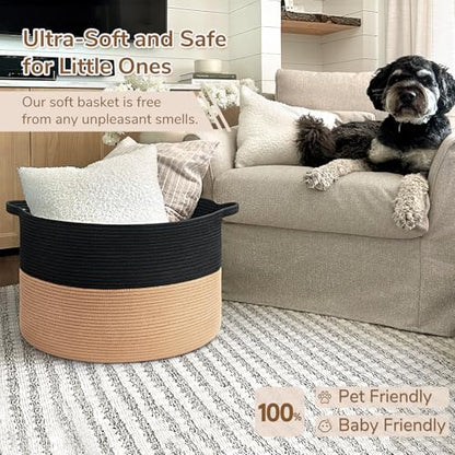 INDRESSME XXXLarge Woven Rope Blanket Basket Living Room Black Camel, 90L - color: Black & Camel, size: 21.7"D x 13.8"H