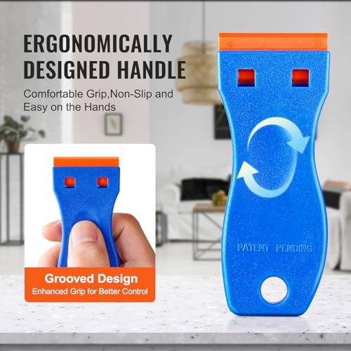 VEVOR 2PCS Razor Blade Scraper,Plastic Scraper Tool with 120PCS Plastic Blades,Cleaning Scraper Remover for Stickers,Decals,Adhesive,Labels,Paint from Glass, Car,Window,Caulk,No Scratches,Blue - style: Plastic blades