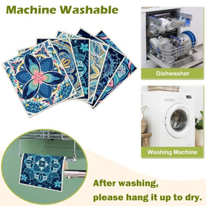 6 Pcs Swedish Paper Cloths for Kitchen, Reusable Paper Towels Washable - color: Blue Retro Floral