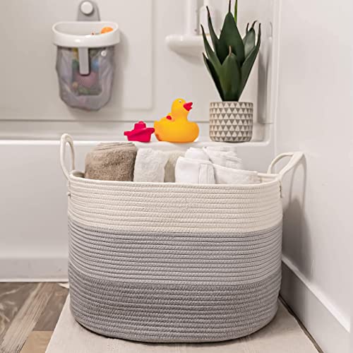 OrganiHaus Round Toy Basket & Blanket Basket, Cotton Rope 20x13" - color: 3-toned Gray, size: Wide