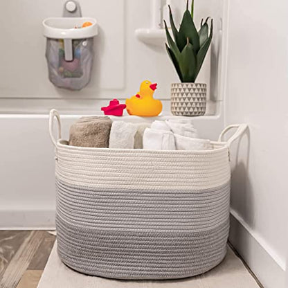 OrganiHaus Round Toy Basket & Blanket Basket, Cotton Rope 20x13" - color: 3-toned Gray, size: Wide