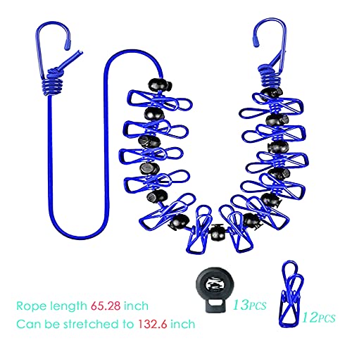 Portable Elastic Clothesline, Outdoor Retractable Clothesline, with 12 Clothespins and 13 Spring Buckles, Suitable for Home, Travel, and Camping Accessories (Blue)