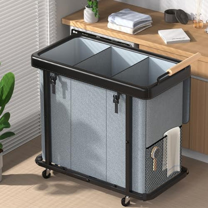 Rolling Laundry Hamper with Wheels, Laundry Hamper 3 Section with Lid Gray - color: Gray-3 Section, size: 3 Section