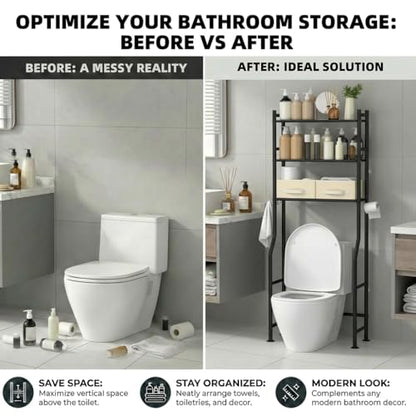 GloTika 3-Tier Over Toilet Storage, Anti-Tilt, 64" H, Black, 2 Baskets - color: Black-with 2 Basket, size: 3-Tier