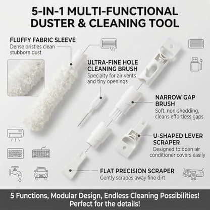 5-in-1 Window Blind Duster with 2 Microfiber Sleeves, Detail Cleaning Brush for Air Conditioner Vent, Shutter, Fan Blade, Keyboard, Nozzle - color: White 5-in-1 Brushes+5 Clothes