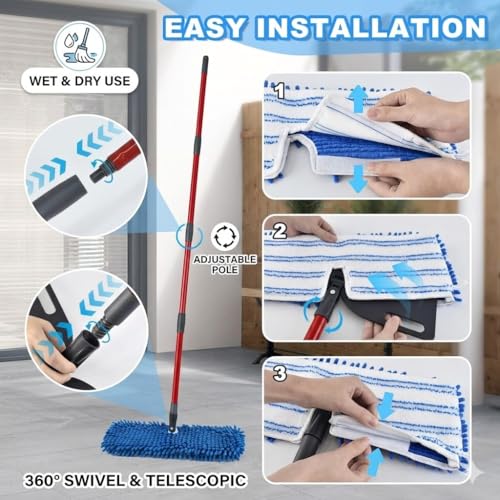 Microfiber Flat Mops for Floor Cleaning,Flat Mop with 3 Reusable Pads and Extendable 58" Long Handle for O Cedar Dual-Action Microfiber Flip Mop ,Washable Hardwood Floors Mopping to Dry and Wet Clean - size: Medium
