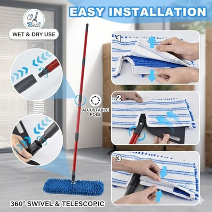 Microfiber Flat Mops for Floor Cleaning,Flat Mop with 3 Reusable Pads and Extendable 58" Long Handle for O Cedar Dual-Action Microfiber Flip Mop ,Washable Hardwood Floors Mopping to Dry and Wet Clean - size: Medium