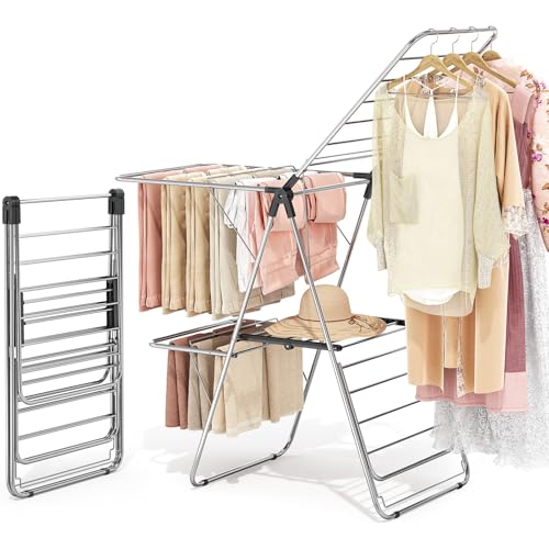 APEXCHASER Large Stainless Steel Clothes Drying Rack with 4 Wings - color: Regular Black, size: 4 Wings