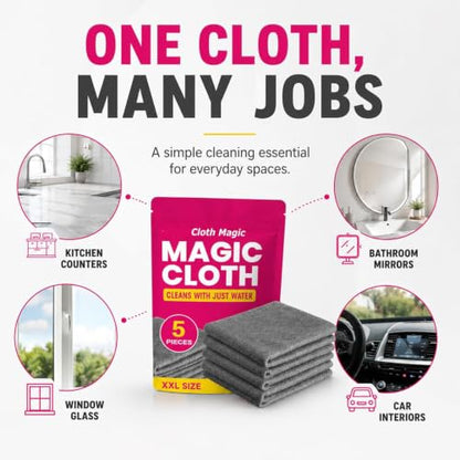 Gemie Magic Cleaning Cloth, GemieCloth Magic Cloth, Lint Free MicrofiberCleaning Cloths for Glass Screens, Cars Window, Kitchen, Reusable 1 Pack (5PCS)