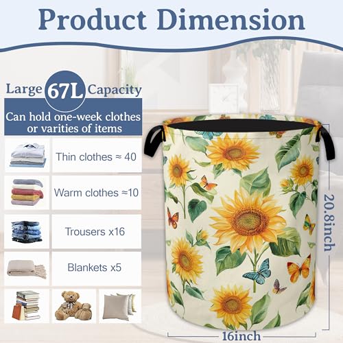 Vintage Sunflowers Laundry Hamper With Handle,Foldable Oxford Cloth Butterfly Flower FLaundry Basket,20.8"x16" Clothes Storage Basket for Laundry Room Bedroom Bathroom - color: Vintage Sunflowers Butterfly Flower