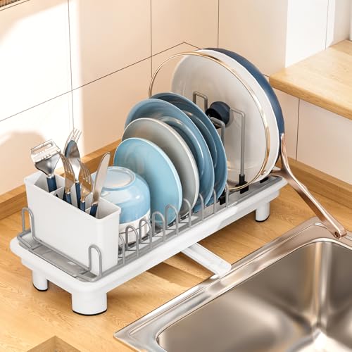 Compact Dish Drying Rack with Utensil Holder – Small Countertop Dish Drainer with 360° Rotating Drain Spout, Stainless Steel Dish Rack for Kitchen Sink, Space-Saving Design for Small Kitchen, White - color: White