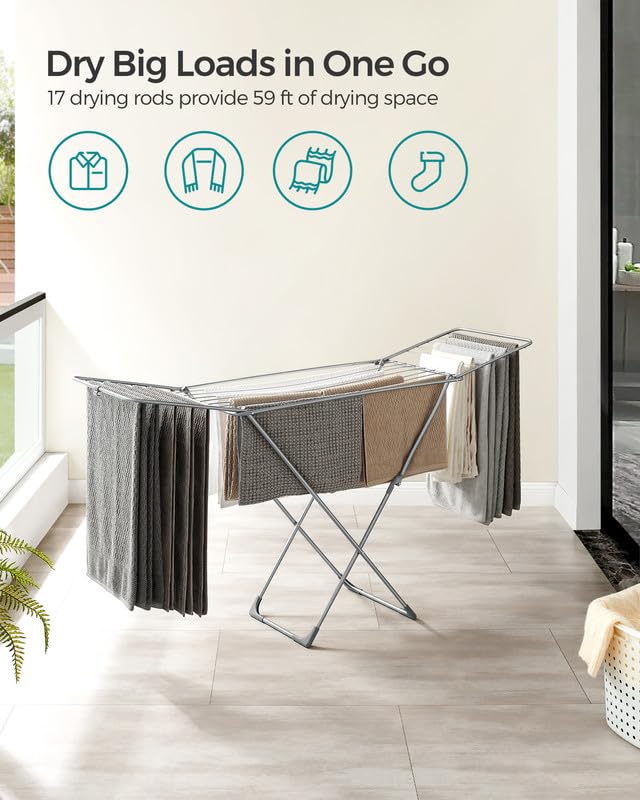 SONGMICS Clothes Drying Rack, Foldable, Heavy Duty, 2 Gullwings - color: Gray, style: 2 Gullwings（19.7"D)