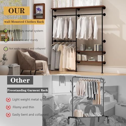 HOMEKAYT Industrial Pipe Clothes Rack,Wall Mounted Clothing Rack with Shelves, Heavy Duty Multi-Purpose Storage Clothes Hanging Shelf - 70.8''L Black - color: black, size: 70.8''L-A