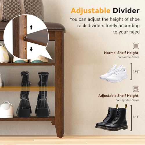 Taitiy Shoe Bench with 3 Tier Adjustable Shelves Rubberwood Entryway 47.2'' - color: Walnut, size: 47.2''
