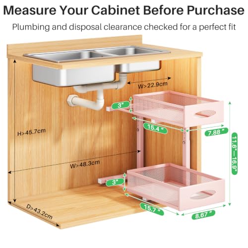 2 Pack Under Sink Organizer, 2 Tier Pull out Cabinet Organizer Mesh Baskets with 5 Adjustable Heights, Sliding Drawers Storage Shelf for Home, Kitchen, Bathroom, Pantry, Office, Countertop ,Pink - color: Pink, size: 2 Pack