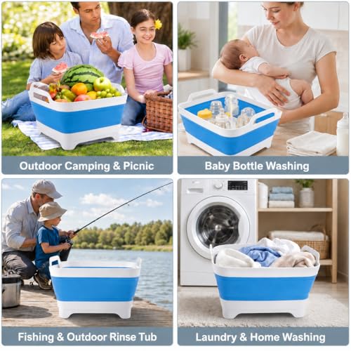 Collapsible Dish Basin with Drain Plug, Foldable Wash Basin 2.4 Gal (9L) - color: Blue