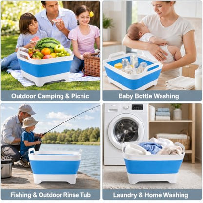 Collapsible Dish Basin with Drain Plug, Foldable Wash Basin 2.4 Gal (9L) - color: Blue