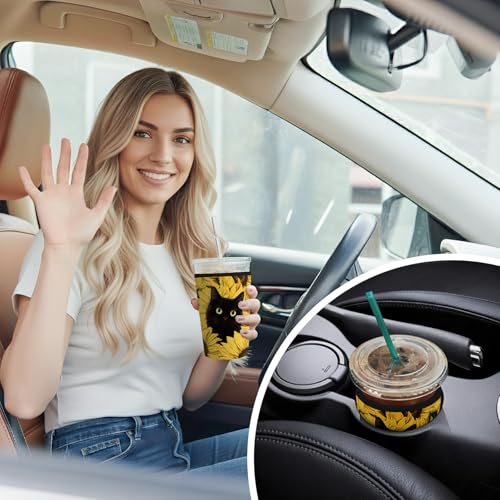 Iced Coffee Sleeve Reusable Neoprene Cup Sleeves, Sunflower Cat - color: Sunflower Cat