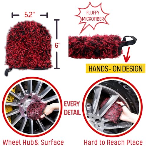 oesee Professional 4 Pack Long Handle Wheel Brush Kit for Cleaning Wheel and Tire- 2X Soft Wheel Cleaning Brush, Detailing Brush and Stiff Tire Brush, Bendable& Durable Wheel Rim Cleaner Brush Set - size: 5 Pack (Red & Black)