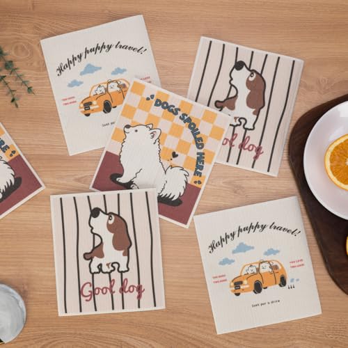 Swedish Dishcloths for Kitchen, 6 Pack Cute Dog Swedish Dish Towels with Clips, Reusable Paper Towels Washable Non-Scratch Super Absorbent Cellulose Sponge Cloths, Biodegradable No Odor - color: Cute Dog