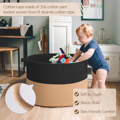 INDRESSME 115L Extra Large Woven Rope Blanket Basket Living Room BlackCamel - color: Black & Camel, size: 23.6"D x 15.7"H