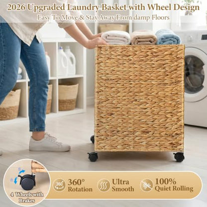 Livole Wicker Laundry Hamper with Lid & Wheel, Rattan Laundry Basket, 90L - color: Natural, size: 90L