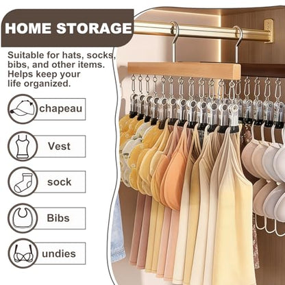 Wooden Rotating Pants Hanger, Closet Organizer with 12 Clips, Space Saving Hanging Clothes Legging Wardrobe Organizer for Jeans, Hats, Shorts, Socks (Brown+Nature, 2Pack)