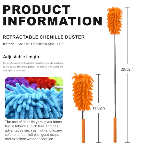 Microfiber Feather Duster with 29 in Telescoping Pole and Bendable Head for Ceiling Fans, Ceilings, Blinds, Furniture and Cars, Orange - color: Orange