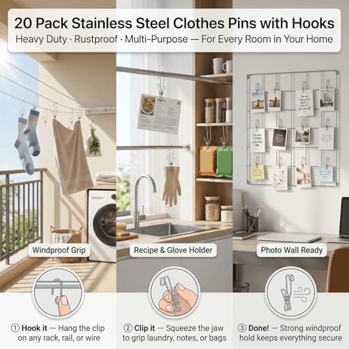 20 Pack Stainless Steel Clothes Pins with Hooks, 4.3 Inch, Heavy Duty Metal Clips for Hanging Notes, Photos, Laundry, Towels, Non-Slip Windproof