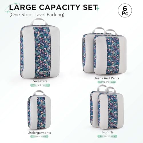 OlarHike 6 Set Compression Packing Cubes for Travel Essentials,Compressible Expandable Space Saver Bags for Organizing Clothes,Luggage Garment Bags with Over 1000 pcs Mesh Holes(Dark Blue Floral) - color: Dark Blue Floral