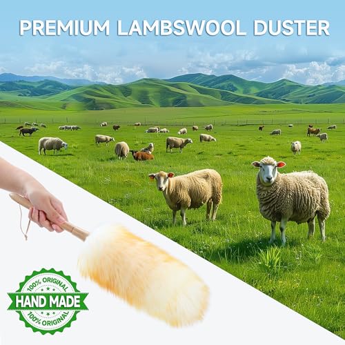 ONESIMUS 2 Pack Lambswool Dusters Fluffy Handheld Natural Feather Duster, 11 inch Washable Reusable Wool Dusters with Solid Wooden Handle for Cleaning Ceiling Fan, Interior, & Car etc - size: 2 Count (11inch)