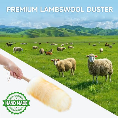 ONESIMUS 2 Pack Lambswool Dusters Fluffy Handheld Natural Feather Duster, 11 inch Washable Reusable Wool Dusters with Solid Wooden Handle for Cleaning Ceiling Fan, Interior, & Car etc - size: 2 Count (11inch)