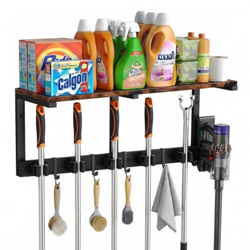 Mop and Broom Holder Wall Mount with Cleaning Supplies Organizer