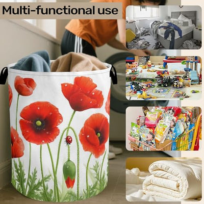 Red Flower Laundry Basket - Heavy Duty 60L Dirty Clothes Organizer, Water Resistant Foldable Hamper for Men Women - color: Red Flower