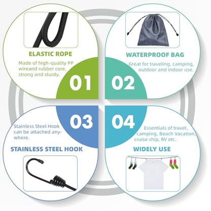 Travel Clothesline with Non-Slip Hook Clips (12pcs 304 Stainless Steel) Portable Clothes line for Cruise Ship/Beach Vacation/Camping Essentials (Patent Pending)