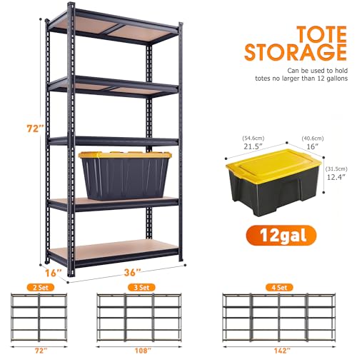 REIBII 2400LBS Garage Shelving,36" Wx16" Dx72" H Shelves for Basement - color: Black