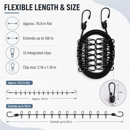 Portable Clothesline with 12 Clips, Stretch Travel Drying Rope with Stainless Steel Hooks for Camping Indoor Use.(Black) - color: Black