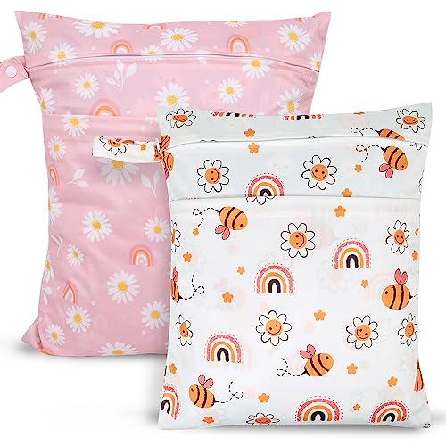 2pcs Travel Waterproof Laundry Bag, Cloth Diaper Wet Dry Bags with Handle & 2 Zipper Pockets, Reusable Washable Dirty Clothes Bag for Baby Adult Travelling Hanging, Bathing Beach Pool Daycare - color: Cartoon 1 White + Pink