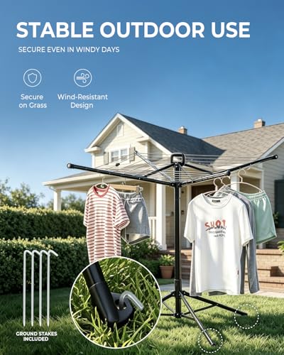 JS HANGER Rotary Clothes Drying Rack, 65 ft Outdoor Umbrella Drying Rack with Easy Push-Pull Handle, Foldable Laundry Drying Rack for Balcony, Patio & Backyard, Space-Saving Air Dryer - color: Black-4 Legs