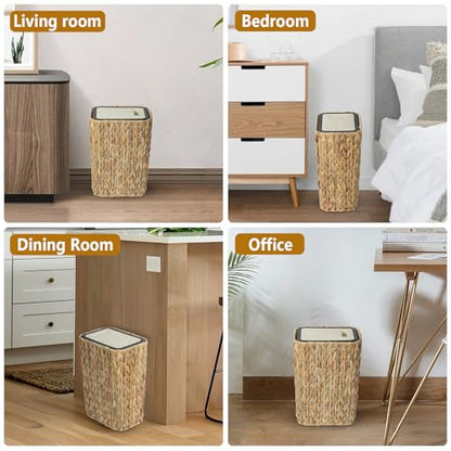 Trongee Boho Trash Can with Lid for Bathroom,2.6 Gallon Small Rattan Garbage Can with Press Top Lid,Woven Wastebasket and Hamper 2 in 1 Wicker Trash Basket for Bathroom,Kitchen,Living Room,Bedroom - color: Water Hyacinth