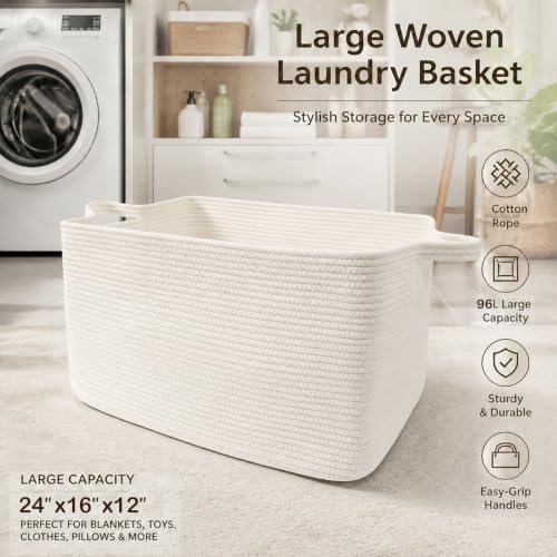 96L Woven Laundry Basket with Handles, Extra Blanket Basket,White - color: White, size: 96L