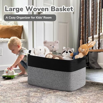 Goodpick Large Woven Rope Blanket Basket, Rectangle, Black & Gray - color: Black & Gray, size: Large(21.6"L x 14.9"W x 11.8"H)