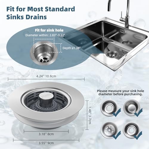 Hibbent 3 in 1 Kitchen Sink Drain Strainer, Metal Pop Up Stopper - color: Brushed Stainless Steel