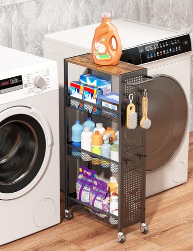 Utility Slim Storage Cart 4 Tier Rolling Laundry Room Organization Cart： - color: Black, size: 7.1 inch wide