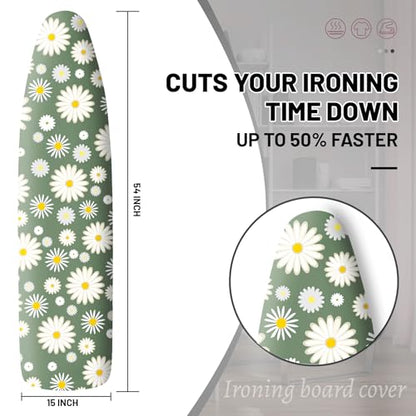 Extra Thick Ironing Board Cover and Pad, 15x54 Ironing Board Cover, Resist Scorching and Staining,Elastic Edges,Sage Green White Daisy Spring Flowers - color: Daisy Green