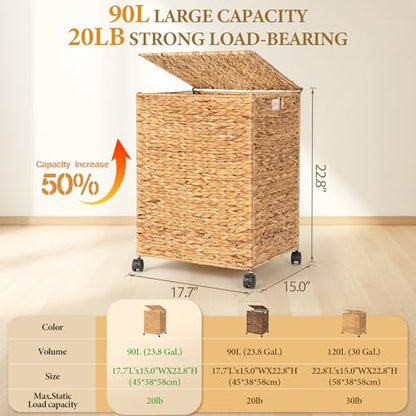 Livole Wicker Laundry Hamper with Lid & Wheel, Rattan Laundry Basket, 90L - color: Natural, size: 90L