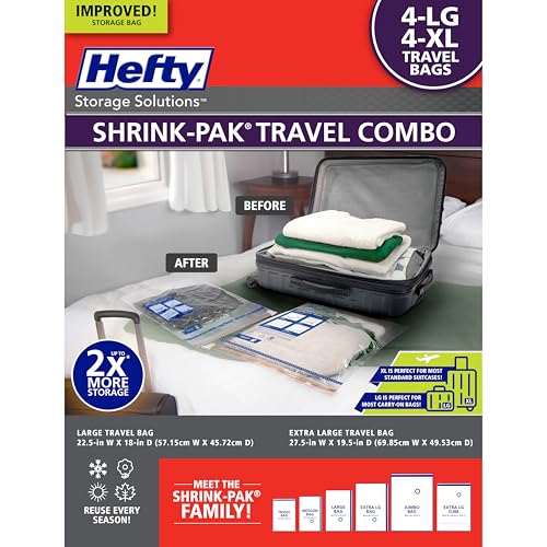 Hefty Shrink-Pak Travel Storage Bags – For Clothes, Pillows, Towels, Blankets & More – Space Saver Suction Sealer Bags for Luggage or Moving – 4 Large, 22.5x18 Inches, 4 XL, 27.5x 19.5 Inches - size: 4 Large / 4 X-Large Travel Bags