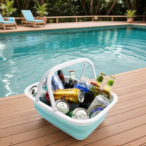 SAMMART 9.2L (2.37Gallon) Collapsible Tub with Handle - Portable Outdoor Picnic Basket/Crater - Foldable Shopping Bag - Space Saving Storage Container (1, White/Lake Green) - color: White/Lake Green